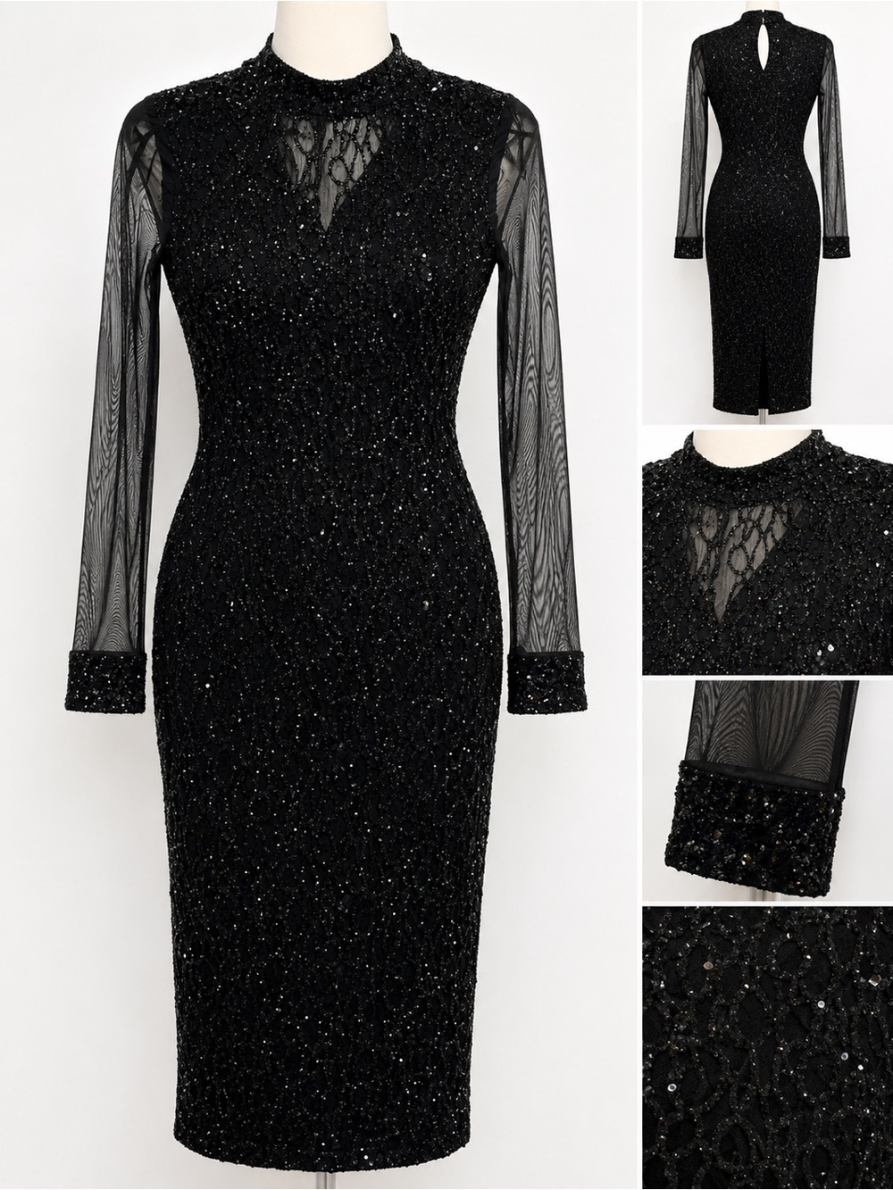 AX Paris Women’s Black Sequins and Lace Long Sleeve Sheer Dress size 6 NWT